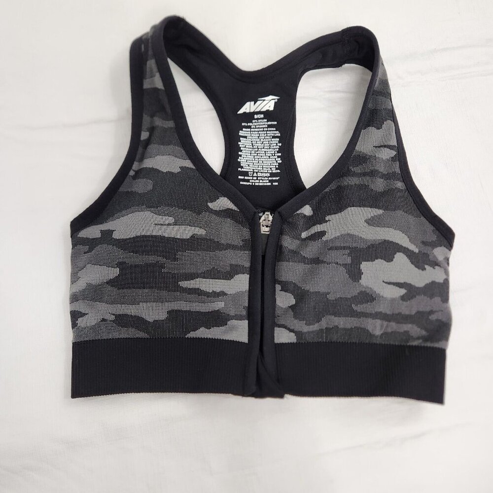 Avia Sports Bra Small Front Zip Gray Black Camouflage Women's Wireless Racerback